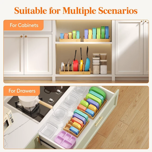 Alt view image 4 of 7 - Bamboo Lid Organizers for Inside Cabinet with 5 Sections | Food Container Lid Holder with 4 Adjustable Inserts, Kitchen Pantry organizer and storage, 10.6" X 8.3", Natural