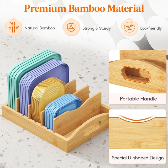Alt view image 7 of 7 - Bamboo Lid Organizers for Inside Cabinet with 5 Sections | Food Container Lid Holder with 4 Adjustable Inserts, Kitchen Pantry organizer and storage, 10.6" X 8.3", Natural