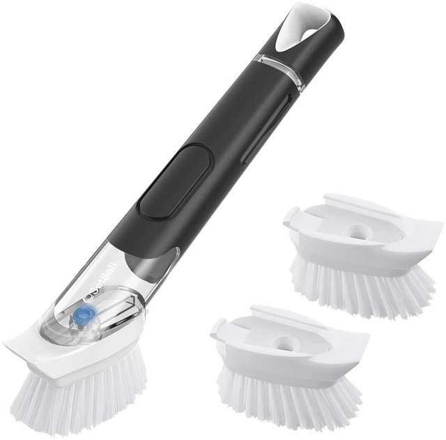 Main image of Dish Brush with Soap Dispenser, Stiff Bristles Dish Scrubber Set | Built-in Scraper with 3 Pack Replaceable Brush Head Dish Scrub Brush with Non-Slip Handle for Kitchen Sink, Dishes, Pans, Pot