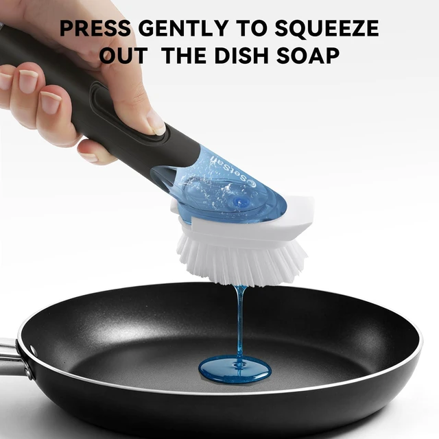 Alt view image 3 of 7 - Dish Brush with Soap Dispenser, Stiff Bristles Dish Scrubber Set | Built-in Scraper with 3 Pack Replaceable Brush Head Dish Scrub Brush with Non-Slip Handle for Kitchen Sink, Dishes, Pans, Pot