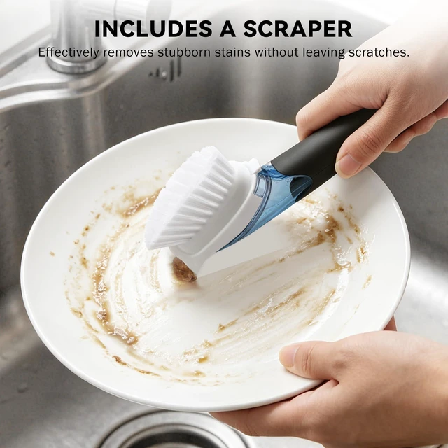 Alt view image 4 of 7 - Dish Brush with Soap Dispenser, Stiff Bristles Dish Scrubber Set | Built-in Scraper with 3 Pack Replaceable Brush Head Dish Scrub Brush with Non-Slip Handle for Kitchen Sink, Dishes, Pans, Pot