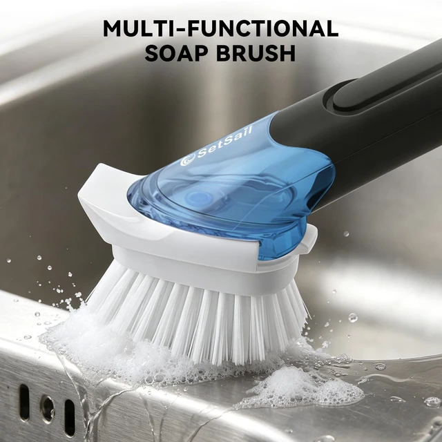 Alt view image 6 of 7 - Dish Brush with Soap Dispenser, Stiff Bristles Dish Scrubber Set | Built-in Scraper with 3 Pack Replaceable Brush Head Dish Scrub Brush with Non-Slip Handle for Kitchen Sink, Dishes, Pans, Pot