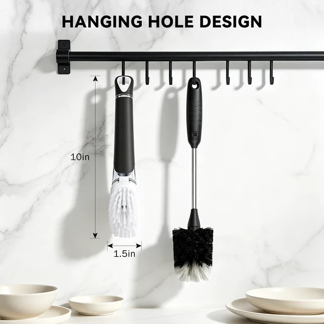 Alt view image 7 of 7 - Dish Brush with Soap Dispenser, Stiff Bristles Dish Scrubber Set | Built-in Scraper with 3 Pack Replaceable Brush Head Dish Scrub Brush with Non-Slip Handle for Kitchen Sink, Dishes, Pans, Pot