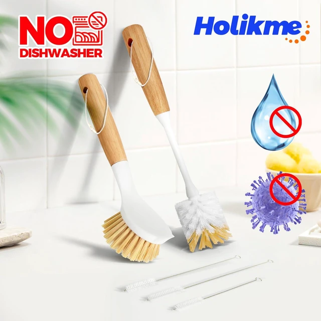 Alt view image 7 of 7 - 5 Pack Dish Brush Set with Bottle Brush Straw Brush Kitchen Brushes | Cleaning Pots, Pans and Sink, Long Handle Bottle Scrubber & Skillet Scrubber with Tough Bristles, Yellow