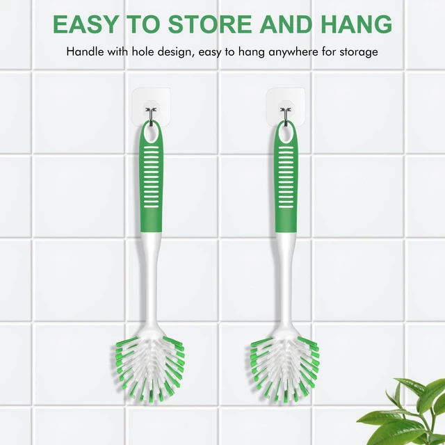 Alt view image 3 of 7 - Dish Brush with Handle, 2 Pack Stiff Bristles Dish Scrubber, Green | Built-In Scraper Tip, Non-Slip Rubber Handle, Hanging Loop for Storage Deep Cleaning for Dishes Pots, Pans, Bottles