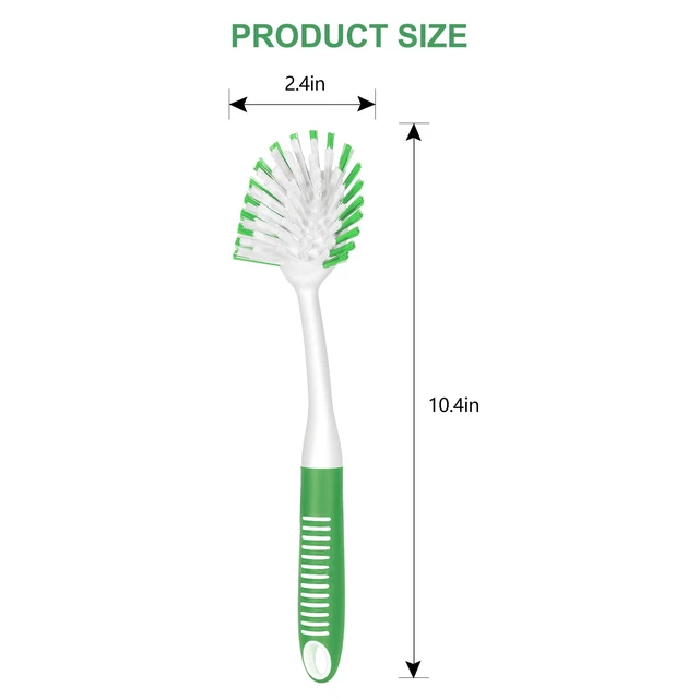 Alt view image 2 of 7 - Dish Brush with Handle, 2 Pack Stiff Bristles Dish Scrubber, Green | Built-In Scraper Tip, Non-Slip Rubber Handle, Hanging Loop for Storage Deep Cleaning for Dishes Pots, Pans, Bottles