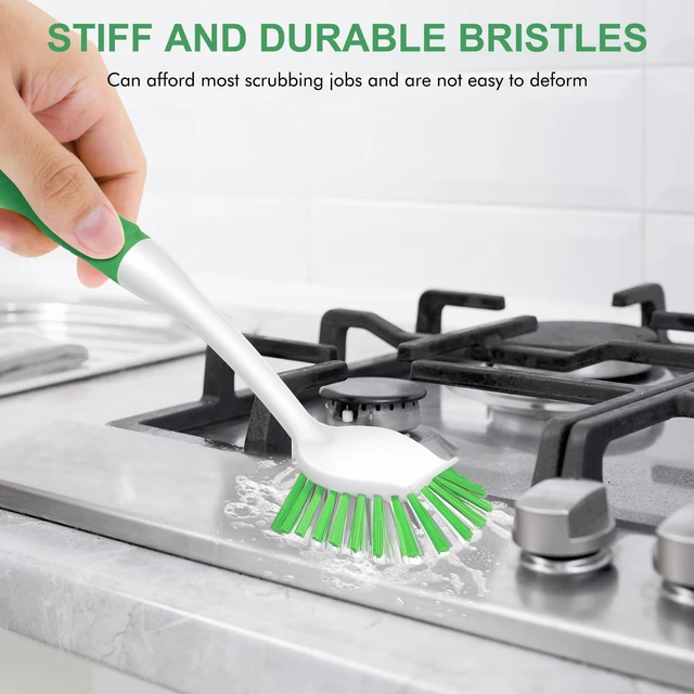 Alt view image 4 of 7 - Dish Brush with Handle, 2 Pack Stiff Bristles Dish Scrubber, Green | Built-In Scraper Tip, Non-Slip Rubber Handle, Hanging Loop for Storage Deep Cleaning for Dishes Pots, Pans, Bottles