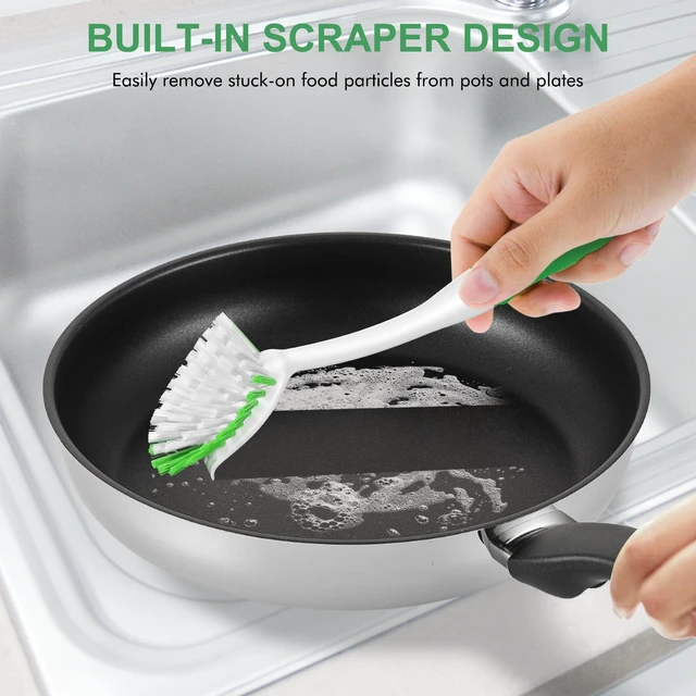 Alt view image 5 of 7 - Dish Brush with Handle, 2 Pack Stiff Bristles Dish Scrubber, Green | Built-In Scraper Tip, Non-Slip Rubber Handle, Hanging Loop for Storage Deep Cleaning for Dishes Pots, Pans, Bottles
