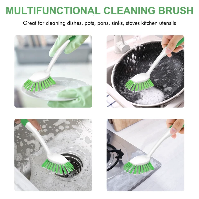 Alt view image 6 of 7 - Dish Brush with Handle, 2 Pack Stiff Bristles Dish Scrubber, Green | Built-In Scraper Tip, Non-Slip Rubber Handle, Hanging Loop for Storage Deep Cleaning for Dishes Pots, Pans, Bottles