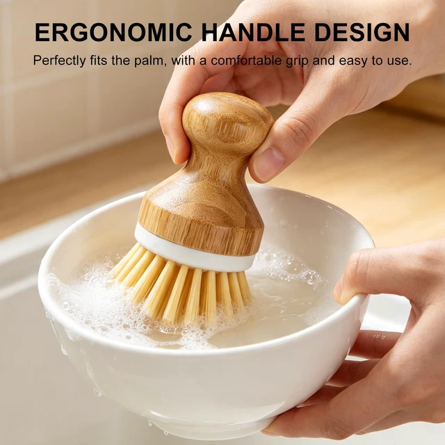 Alt view image 2 of 7 - Bamboo Dish Scrubber 2 Pack Kitchen Brushes for Dishes Cleaning | Natural Wooden Kitchen Brushes Power Easy to Hang Ergonomic Plam Scrubber Brush with Handle for Nonstick,Sink,Pot and Pans
