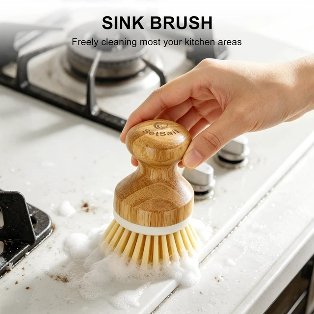 Alt view image 5 of 7 - Bamboo Dish Scrubber 2 Pack Kitchen Brushes for Dishes Cleaning | Natural Wooden Kitchen Brushes Power Easy to Hang Ergonomic Plam Scrubber Brush with Handle for Nonstick,Sink,Pot and Pans