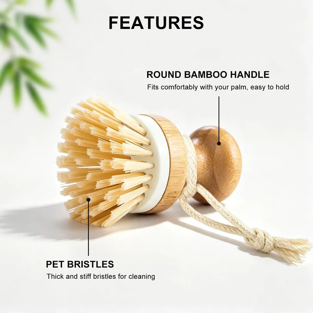 Alt view image 3 of 7 - Bamboo Dish Scrubber 2 Pack Kitchen Brushes for Dishes Cleaning | Natural Wooden Kitchen Brushes Power Easy to Hang Ergonomic Plam Scrubber Brush with Handle for Nonstick,Sink,Pot and Pans