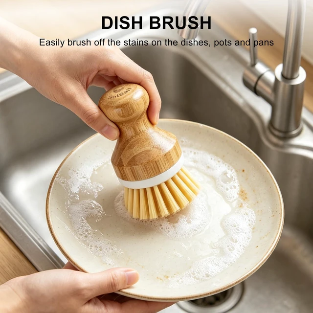 Alt view image 4 of 7 - Bamboo Dish Scrubber 2 Pack Kitchen Brushes for Dishes Cleaning | Natural Wooden Kitchen Brushes Power Easy to Hang Ergonomic Plam Scrubber Brush with Handle for Nonstick,Sink,Pot and Pans