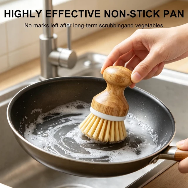 Alt view image 6 of 7 - Bamboo Dish Scrubber 2 Pack Kitchen Brushes for Dishes Cleaning | Natural Wooden Kitchen Brushes Power Easy to Hang Ergonomic Plam Scrubber Brush with Handle for Nonstick,Sink,Pot and Pans