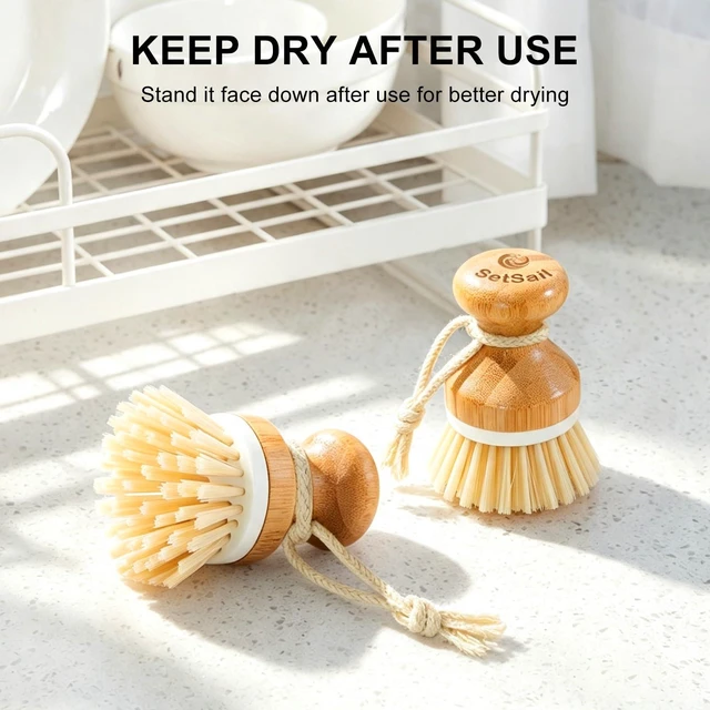 Alt view image 7 of 7 - Bamboo Dish Scrubber 2 Pack Kitchen Brushes for Dishes Cleaning | Natural Wooden Kitchen Brushes Power Easy to Hang Ergonomic Plam Scrubber Brush with Handle for Nonstick,Sink,Pot and Pans