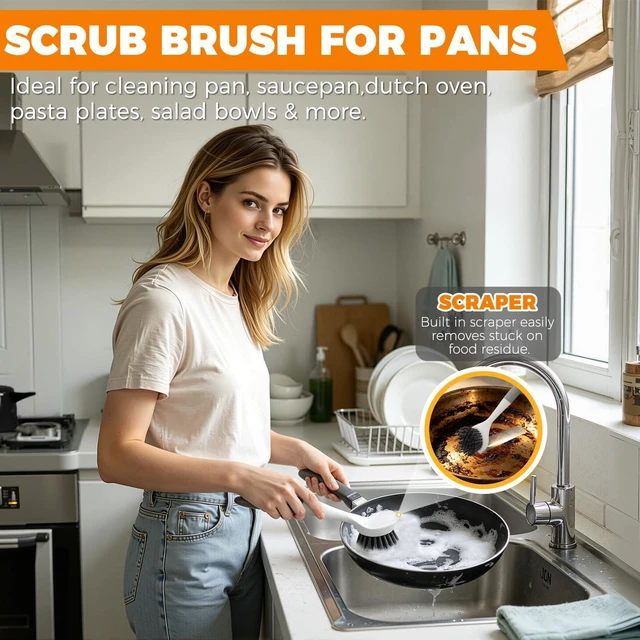 Alt view image 2 of 6 - 3 Pack Kitchen Cleaning Brush Set, Dish Brush, Extra Long 14.3 inch Bottle Brush and Palm Scrub Brush for Dishes, Bottles, Cups, Pots, Pans and Sink, Non-Scratch Bristles