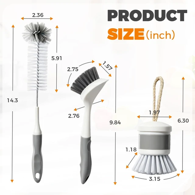 Alt view image 5 of 6 - 3 Pack Kitchen Cleaning Brush Set, Dish Brush, Extra Long 14.3 inch Bottle Brush and Palm Scrub Brush for Dishes, Bottles, Cups, Pots, Pans and Sink, Non-Scratch Bristles
