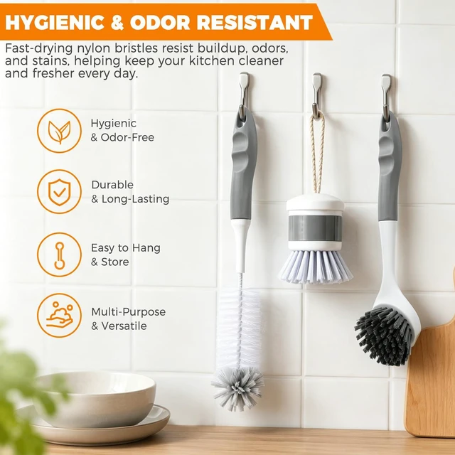 Alt view image 6 of 6 - 3 Pack Kitchen Cleaning Brush Set, Dish Brush, Extra Long 14.3 inch Bottle Brush and Palm Scrub Brush for Dishes, Bottles, Cups, Pots, Pans and Sink, Non-Scratch Bristles