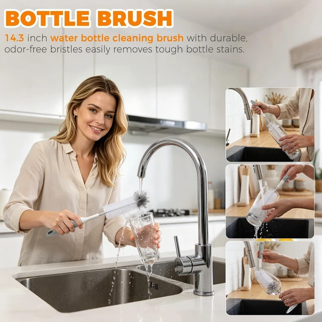 Alt view image 4 of 6 - 3 Pack Kitchen Cleaning Brush Set, Dish Brush, Extra Long 14.3 inch Bottle Brush and Palm Scrub Brush for Dishes, Bottles, Cups, Pots, Pans and Sink, Non-Scratch Bristles