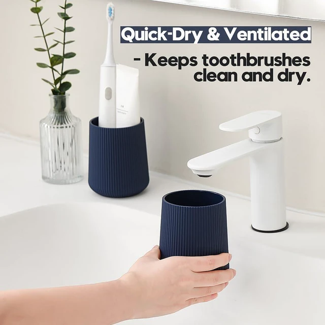 Alt view image 3 of 6 - Navy Blue Striped Toothbrush Holder | for Electric Toothbrushes Bathroom Organizer Cup for Toothpaste Kids & Adults