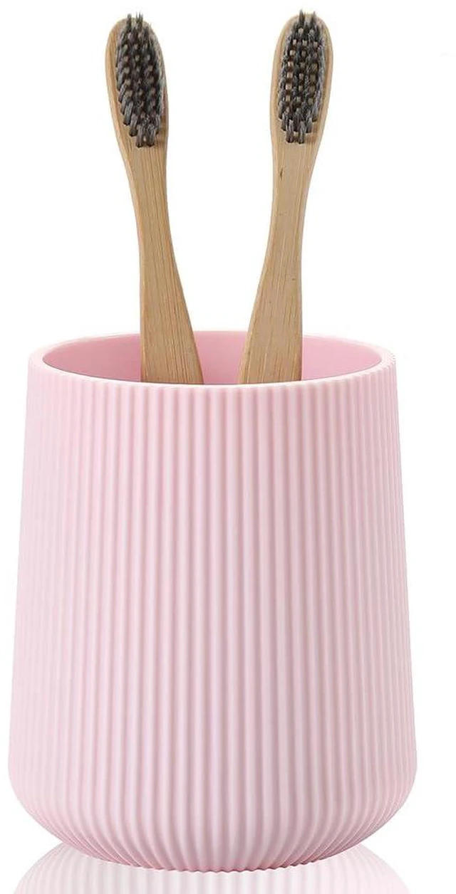 Main image of Pink Striped Toothbrush Holder | for Electric Toothbrushes Bathroom Organizer Cup for Toothpaste Kids & Adults