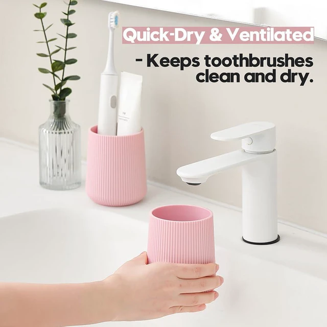 Alt view image 3 of 6 - Pink Striped Toothbrush Holder | for Electric Toothbrushes Bathroom Organizer Cup for Toothpaste Kids & Adults