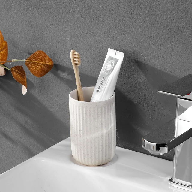 Alt view image 3 of 7 - Toothbrush Holders for Bathrooms - 1 Cups Ceramic Toothbrush Toothpaste Holders, Beige Bathroom Tumbler Cups Reusable Toothbrush Mouthwash Cup, Bathroom Counter Organizer