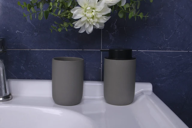Alt view image 3 of 7 - Ceramic Toothbrush Holders for Bathrooms, 8 oz Matte Tooth Brushing Dispenser, Small Tooth Brush Organizer for Vanity Countertop, Toothpaste Storage Stand, Tumbler Cup for Makeup Brushes-Black