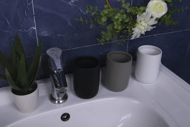 Alt view image 4 of 7 - Ceramic Toothbrush Holders for Bathrooms, 8 oz Matte Tooth Brushing Dispenser, Small Tooth Brush Organizer for Vanity Countertop, Toothpaste Storage Stand, Tumbler Cup for Makeup Brushes-Black
