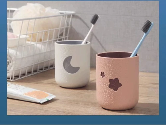 Alt view image 7 of 7 - Two-Color Lucky Pair Cup Bathroom Toothbrush Cup Household Cartoon Star Moon Water Cup (Pink & White)