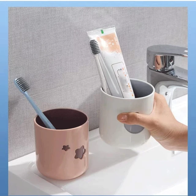 Alt view image 6 of 7 - Two-Color Lucky Pair Cup Bathroom Toothbrush Cup Household Cartoon Star Moon Water Cup (Pink & White)
