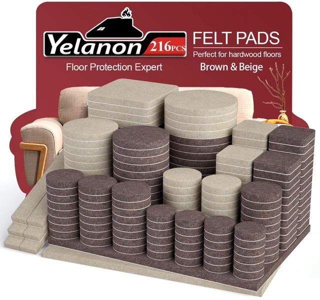 Main image of Felt Furniture Pads 216 Pcs for Hardwood Floors Brown/Beige | Protect chairs, tables, and furniture legs from scratches. Easy stick, no tools, silent glide on all floors.