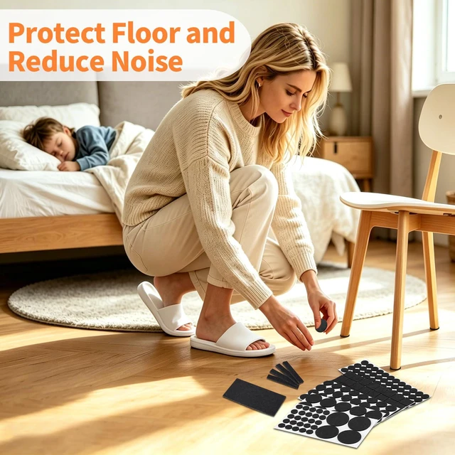 Alt view image 2 of 7 - Felt Furniture Pads 300 Pieces, Furniture Pads for Hardwood Floors Black | Self-adhesive felt pads prevent scratches and noise, ideal for chair legs, suitable for hardwood floors and indoor furniture