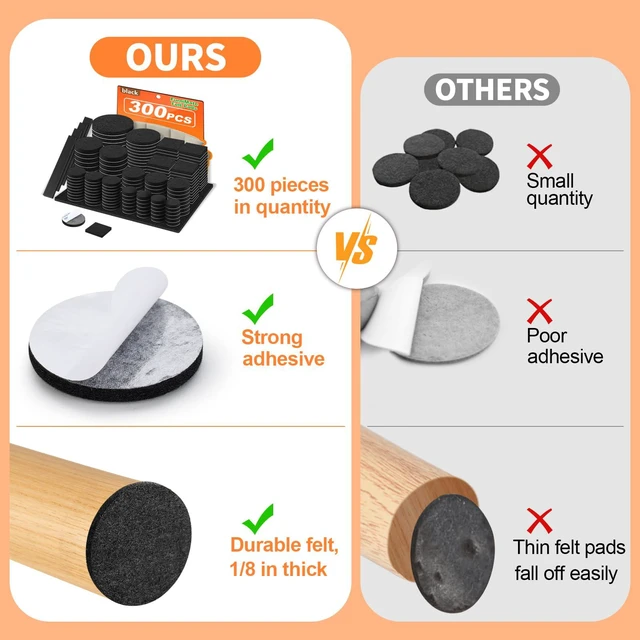 Alt view image 7 of 7 - Felt Furniture Pads 300 Pieces, Furniture Pads for Hardwood Floors Black | Self-adhesive felt pads prevent scratches and noise, ideal for chair legs, suitable for hardwood floors and indoor furniture