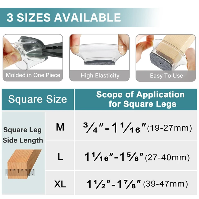 Alt view image 5 of 7 - 24 Pcs Chair Leg Floor Protectors Square | Silicone Felt Furniture Leg Pads Caps Covers for Hardwood Floors (Fit:1-1/16" to 1-5/8")