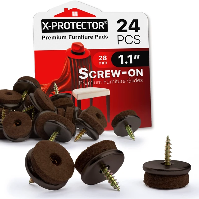 Main image of Screw-On Felt Furniture Pads X24 PCS - 1.1 Premium Chair Glides | Chair Leg Floor Protectors for Hardwood Floors - Brown Floor Protectors for Chairs - The Best Furniture Sliders!