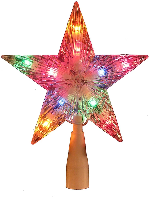 Main image of Multi-Colored Crystal Star Treetop | Faceted Crystal-Like Finish, 10 Multicolor Lights, 5-Point Star Design, 30in Lead Wire, Green Attachment Base