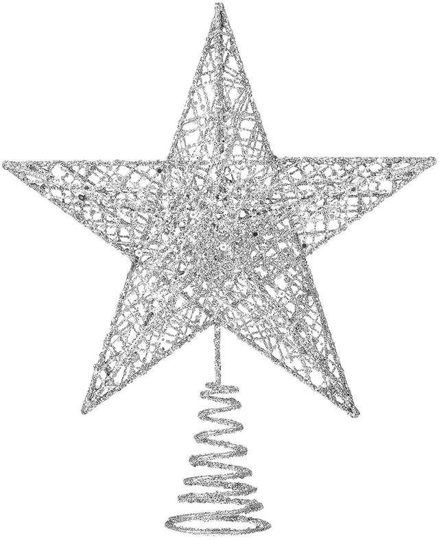 Main image of Christmas Tree Toppers Glitter Silver Star for Christmas Tree Decoration | Xmas Glitter Silver Hollow Star Treetop Topper