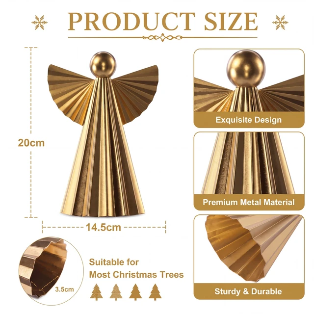 Alt view image 2 of 6 - Gold Angel Christmas Tree Topper, 7.9 Inch Metal | Vintage Metal Angel Treetop Ornament, Elegant Handmade Christmas Tree Decoration, Holiday Xmas Home Decor