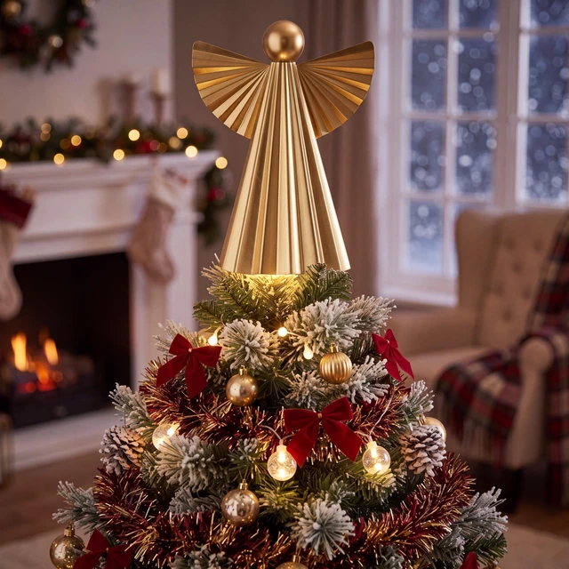 Alt view image 4 of 6 - Gold Angel Christmas Tree Topper, 7.9 Inch Metal | Vintage Metal Angel Treetop Ornament, Elegant Handmade Christmas Tree Decoration, Holiday Xmas Home Decor
