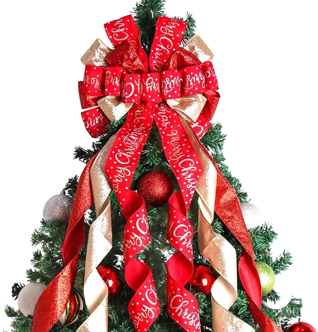 Main image of Christmas Tree Topper Christmas Wreath Bow 45"x12" Large Christmas Toppers Bow with Letter Patterned for Xmas Tree Rustic Farmhouse Home Holiday Party Decorations Red