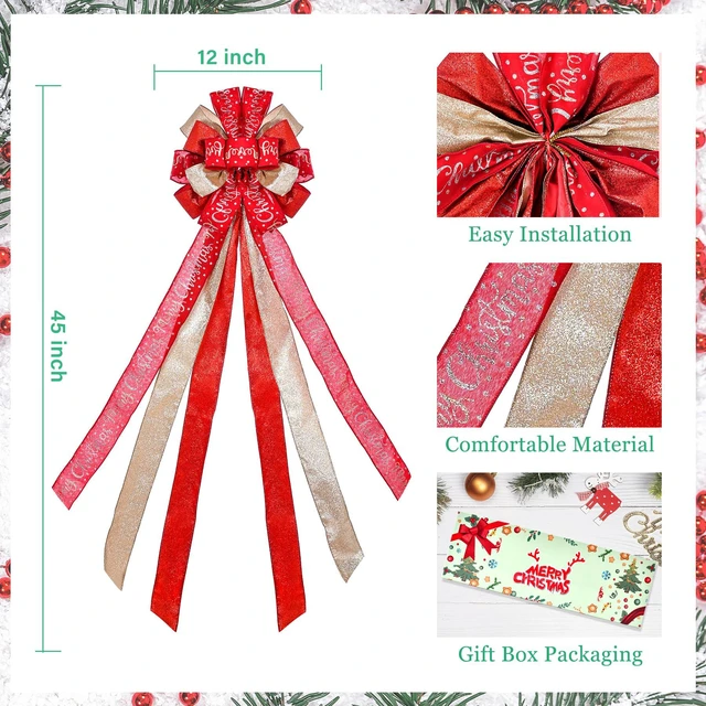 Alt view image 2 of 7 - Christmas Tree Topper Christmas Wreath Bow 45"x12" Large Christmas Toppers Bow with Letter Patterned for Xmas Tree Rustic Farmhouse Home Holiday Party Decorations Red