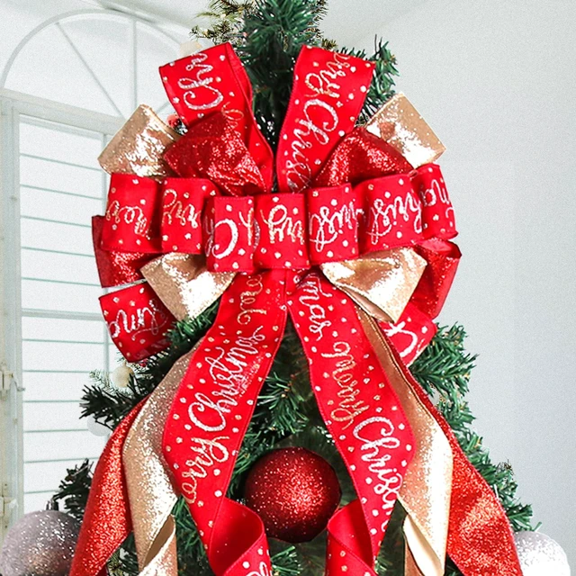 Alt view image 4 of 7 - Christmas Tree Topper Christmas Wreath Bow 45"x12" Large Christmas Toppers Bow with Letter Patterned for Xmas Tree Rustic Farmhouse Home Holiday Party Decorations Red