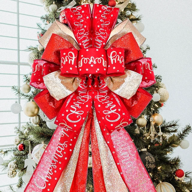 Alt view image 3 of 7 - Christmas Tree Topper Christmas Wreath Bow 45"x12" Large Christmas Toppers Bow with Letter Patterned for Xmas Tree Rustic Farmhouse Home Holiday Party Decorations Red