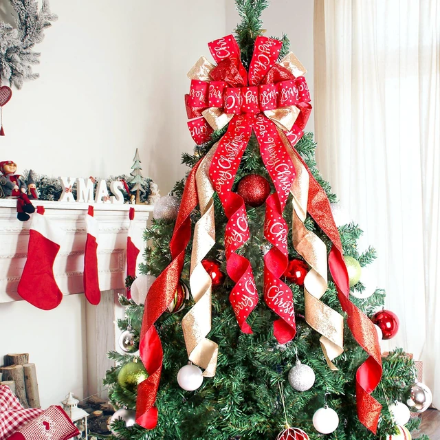 Alt view image 6 of 7 - Christmas Tree Topper Christmas Wreath Bow 45"x12" Large Christmas Toppers Bow with Letter Patterned for Xmas Tree Rustic Farmhouse Home Holiday Party Decorations Red