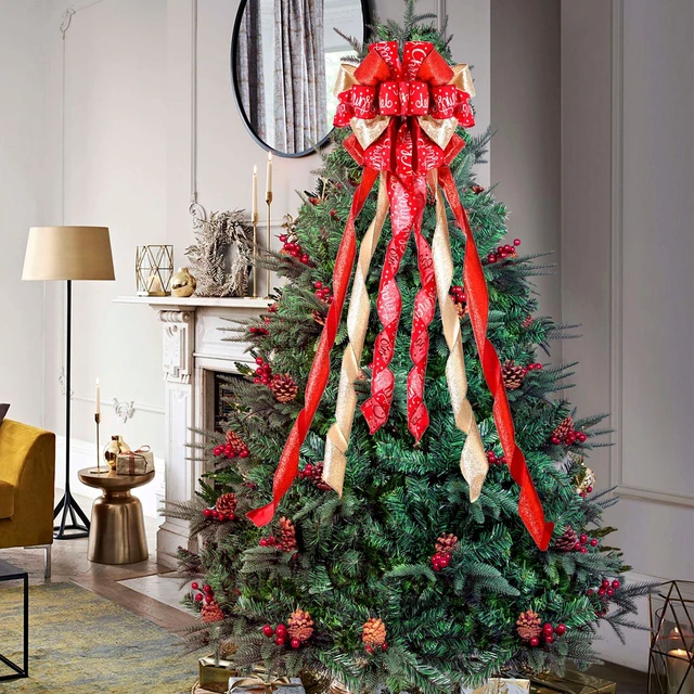 Alt view image 7 of 7 - Christmas Tree Topper Christmas Wreath Bow 45"x12" Large Christmas Toppers Bow with Letter Patterned for Xmas Tree Rustic Farmhouse Home Holiday Party Decorations Red