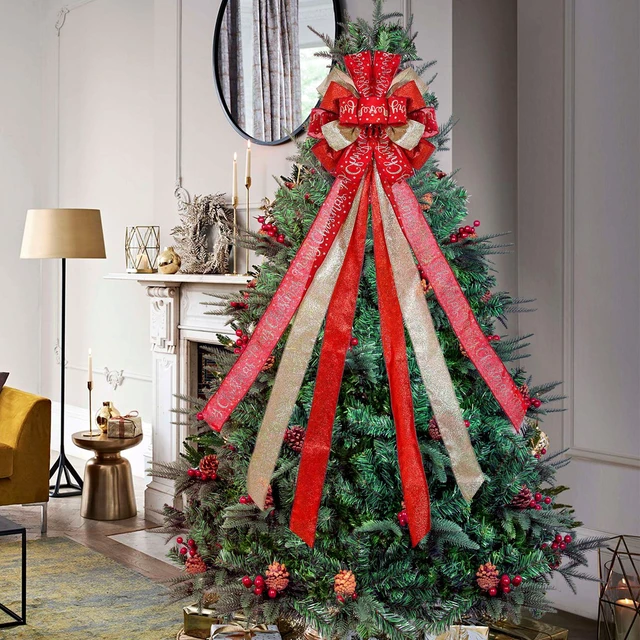 Alt view image 5 of 7 - Christmas Tree Topper Christmas Wreath Bow 45"x12" Large Christmas Toppers Bow with Letter Patterned for Xmas Tree Rustic Farmhouse Home Holiday Party Decorations Red