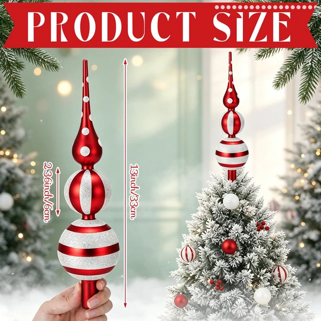 Alt view image 2 of 7 - 13" Vintage Glass Christmas Tree Topper, Mercury Glass Finial | Vintage Red Tartan Plaid Tree Topper, Mercury Glass Finial for Rustic Christmas Trees, Farmhouse Home Decor, Holiday Parties