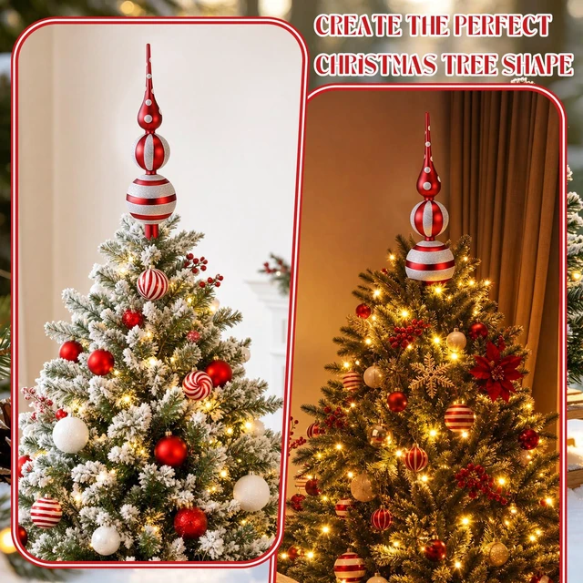 Alt view image 4 of 7 - 13" Vintage Glass Christmas Tree Topper, Mercury Glass Finial | Vintage Red Tartan Plaid Tree Topper, Mercury Glass Finial for Rustic Christmas Trees, Farmhouse Home Decor, Holiday Parties