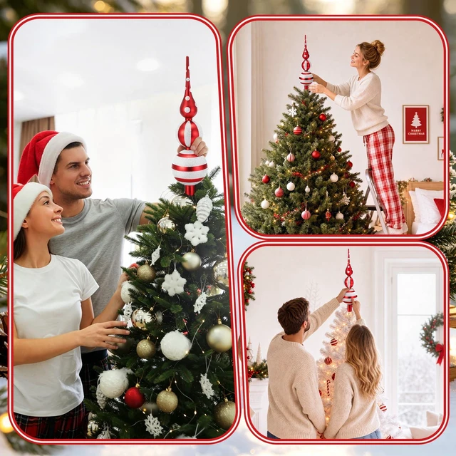 Alt view image 7 of 7 - 13" Vintage Glass Christmas Tree Topper, Mercury Glass Finial | Vintage Red Tartan Plaid Tree Topper, Mercury Glass Finial for Rustic Christmas Trees, Farmhouse Home Decor, Holiday Parties